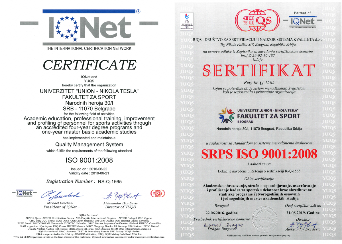 assurance sertifikat quality Fakultet meÄunarodnim standardima za Kvalitet sport po assurance sertifikat quality Fakultet meÄunarodnim standardima za Kvalitet sport po